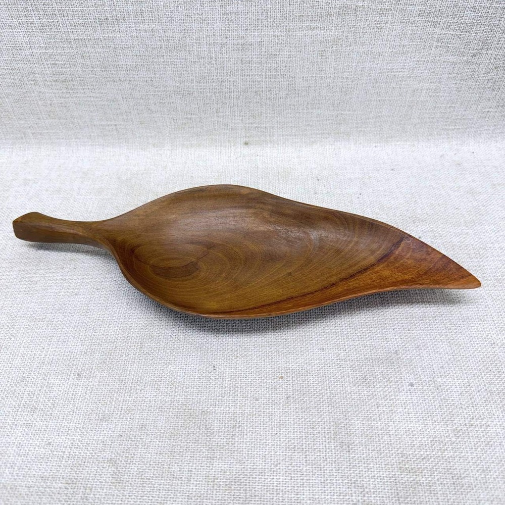 Vintage Hand Carved Wooden Leaf Bowl Mid Century Modern Catchall Tray 11.5 Inch